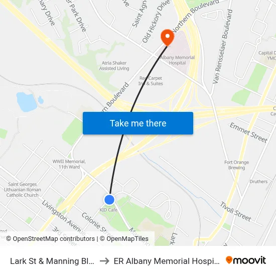 Lark St & Manning Blvd to ER Albany Memorial Hospital map