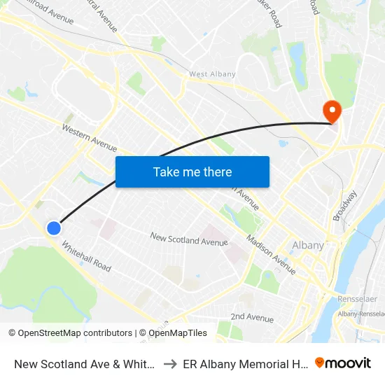 New Scotland Ave & Whitehall Rd to ER Albany Memorial Hospital map