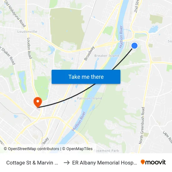 Cottage St & Marvin Ave to ER Albany Memorial Hospital map