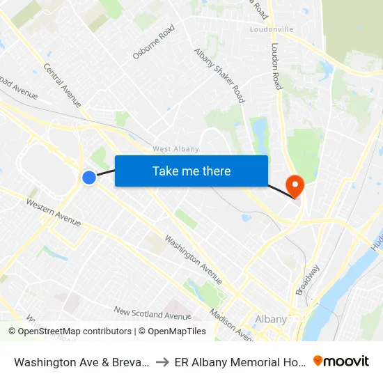 Washington Ave & Brevator St to ER Albany Memorial Hospital map