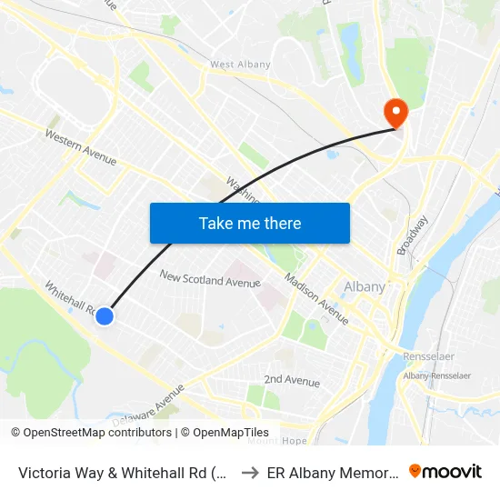 Victoria Way & Whitehall Rd (Whitehall Station) to ER Albany Memorial Hospital map