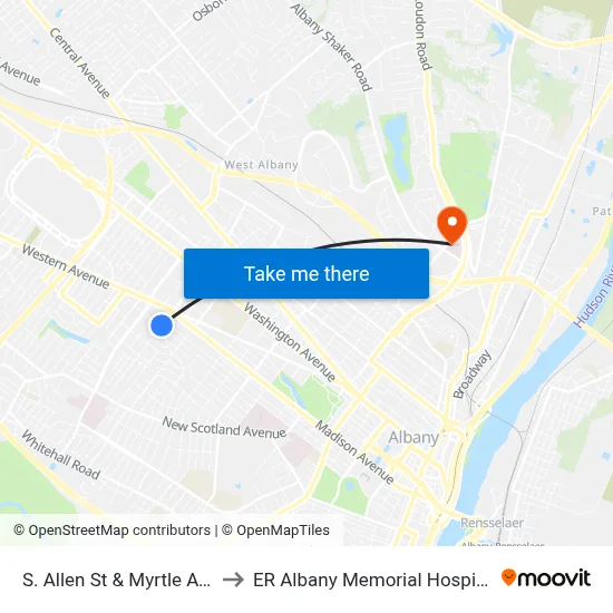 S. Allen St & Myrtle Ave to ER Albany Memorial Hospital map