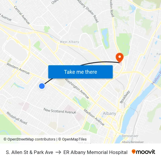 S. Allen St & Park Ave to ER Albany Memorial Hospital map