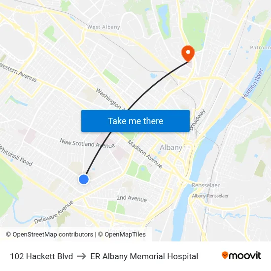 102 Hackett Blvd to ER Albany Memorial Hospital map