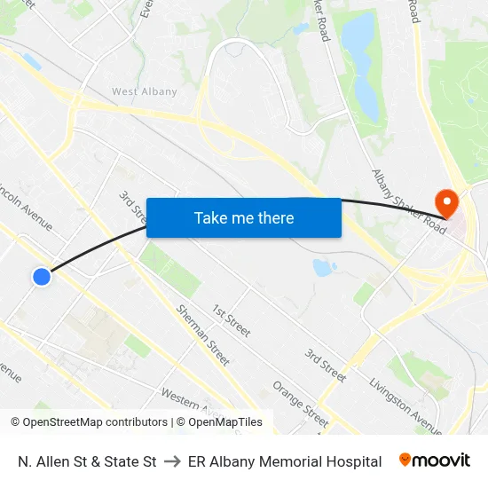 N. Allen St & State St to ER Albany Memorial Hospital map