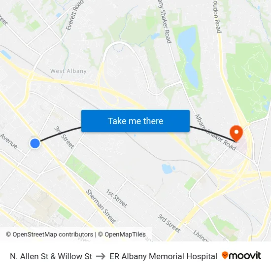 N. Allen St & Willow St to ER Albany Memorial Hospital map