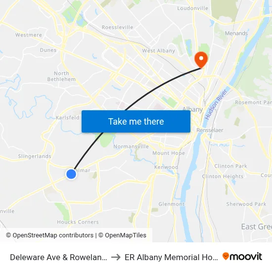 Deleware Ave & Roweland Ave to ER Albany Memorial Hospital map