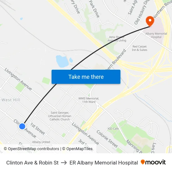 Clinton Ave & Robin St to ER Albany Memorial Hospital map