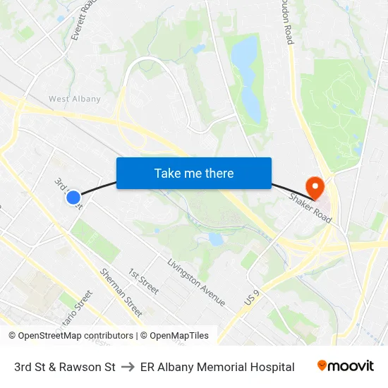 3rd St & Rawson St to ER Albany Memorial Hospital map