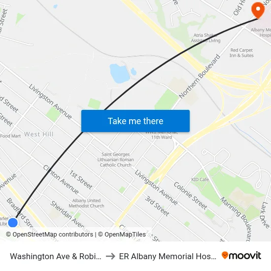 Washington Ave & Robin St to ER Albany Memorial Hospital map