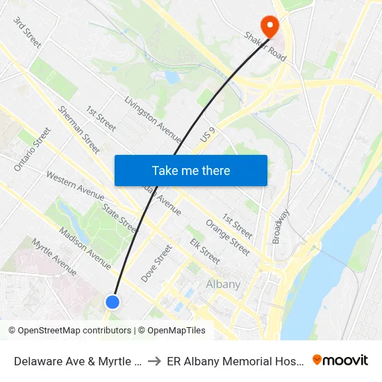 Delaware Ave & Myrtle Ave to ER Albany Memorial Hospital map