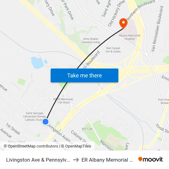 Livingston Ave & Pennsylvania Ave to ER Albany Memorial Hospital map
