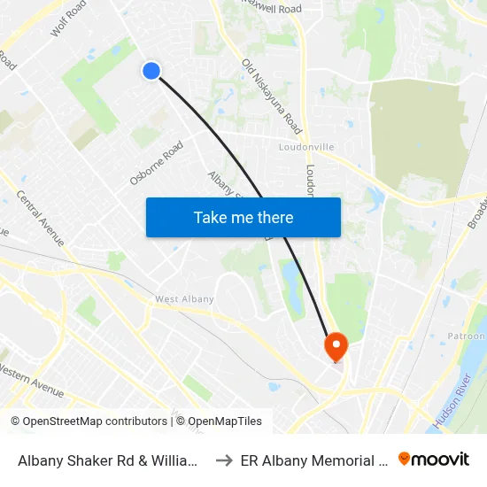 Albany Shaker Rd & Williams Park Rd to ER Albany Memorial Hospital map