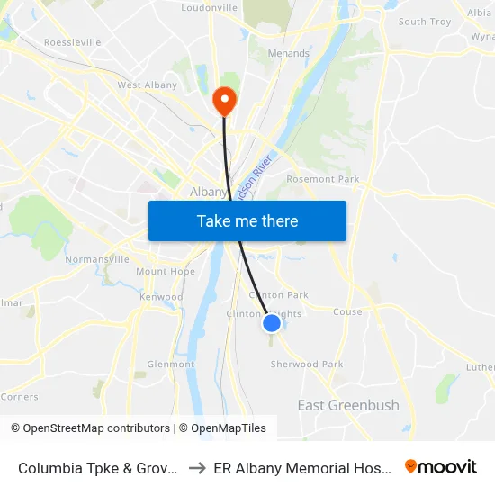 Columbia Tpke & Grove St to ER Albany Memorial Hospital map