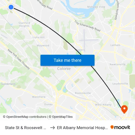 State St & Roosevelt Ave to ER Albany Memorial Hospital map