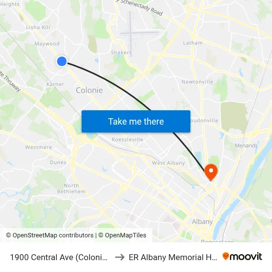 1900 Central Ave (Colonie Plaza) to ER Albany Memorial Hospital map