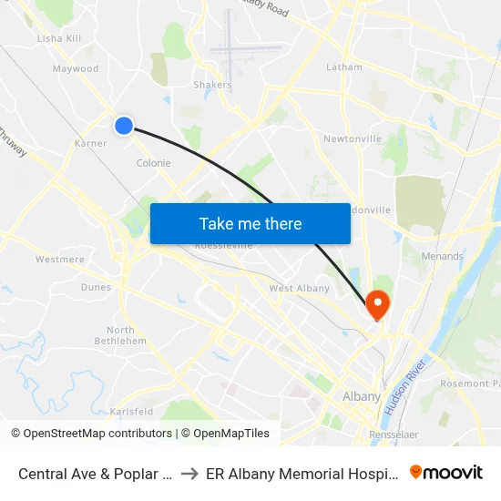 Central Ave & Poplar St to ER Albany Memorial Hospital map
