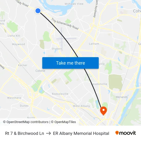 Rt 7 & Birchwood Ln to ER Albany Memorial Hospital map