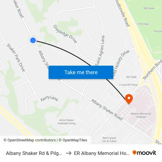 Albany Shaker Rd & Pilgrim Dr to ER Albany Memorial Hospital map