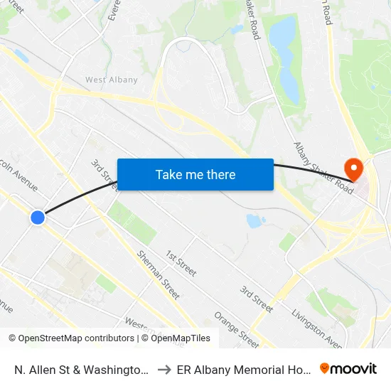 N. Allen St & Washington Ave to ER Albany Memorial Hospital map