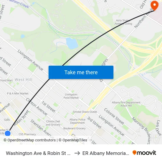 Washington Ave & Robin St (Draper Hall) to ER Albany Memorial Hospital map