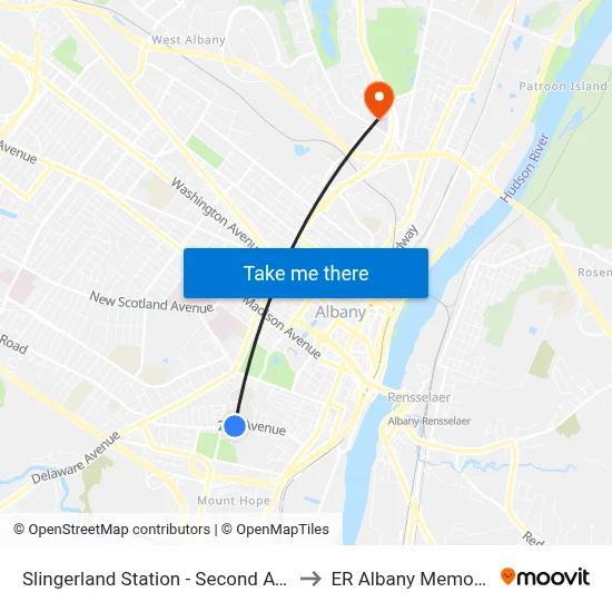 Slingerland Station - Second Ave & Slingerland St to ER Albany Memorial Hospital map