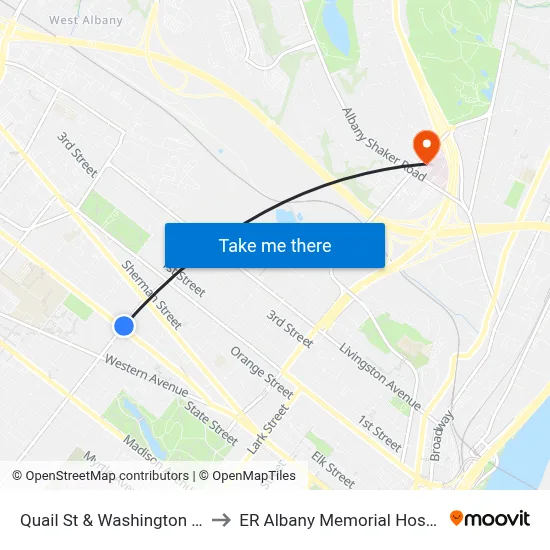 Quail St & Washington Ave to ER Albany Memorial Hospital map