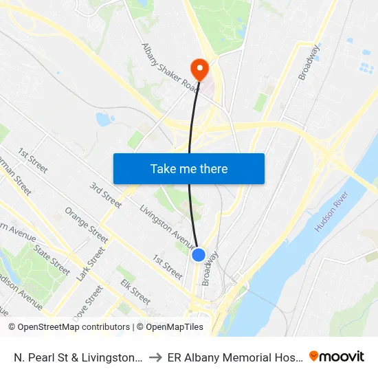 N. Pearl St & Livingston Ave to ER Albany Memorial Hospital map
