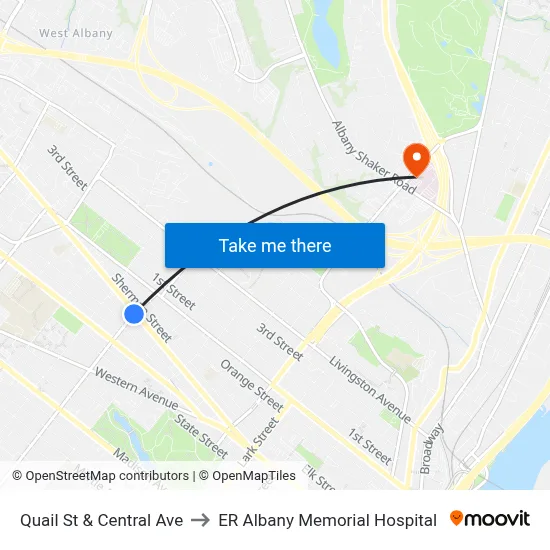 Quail St & Central Ave to ER Albany Memorial Hospital map