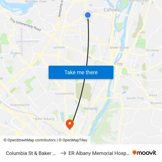 Columbia St & Baker Ave to ER Albany Memorial Hospital map