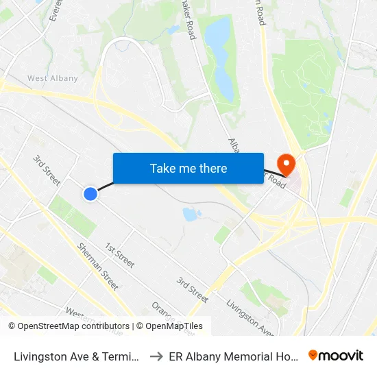 Livingston Ave & Terminal St to ER Albany Memorial Hospital map