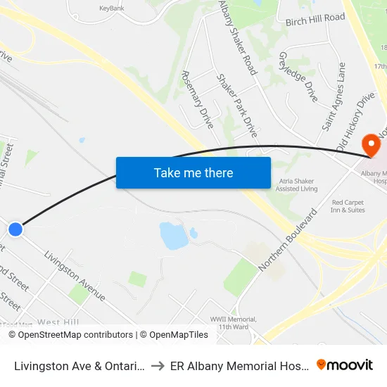 Livingston Ave & Ontario St to ER Albany Memorial Hospital map