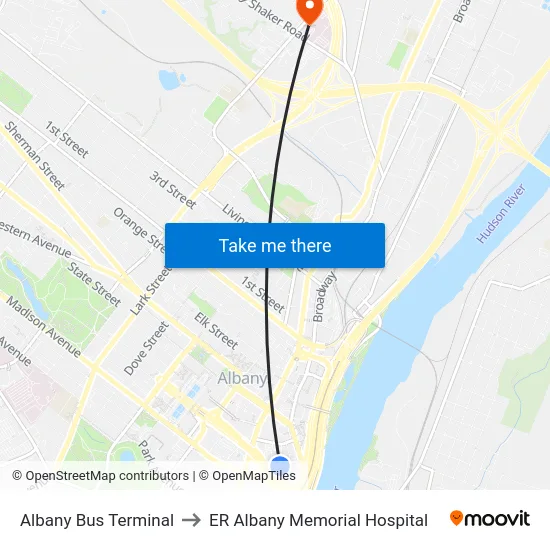 Albany Bus Terminal to ER Albany Memorial Hospital map