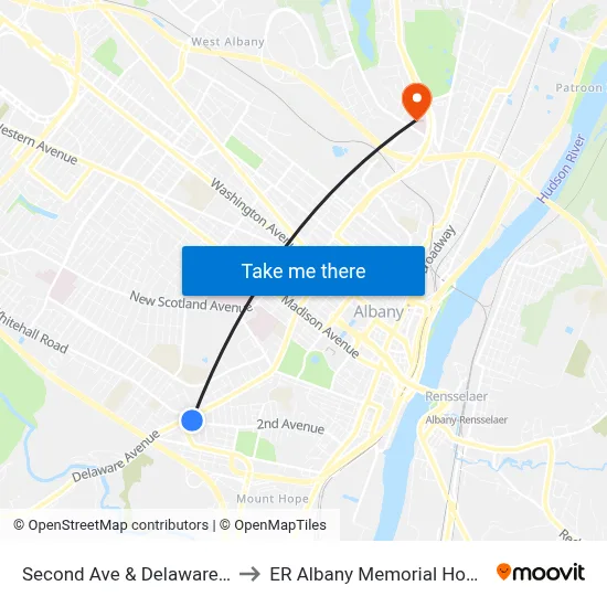 Second Ave & Delaware Ave to ER Albany Memorial Hospital map