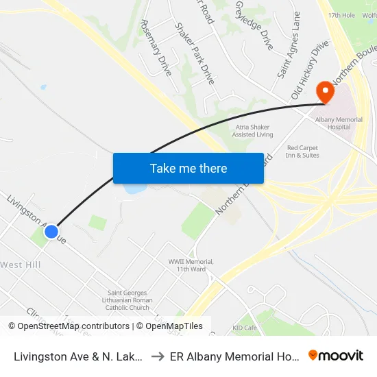 Livingston Ave & N. Lake Ave to ER Albany Memorial Hospital map