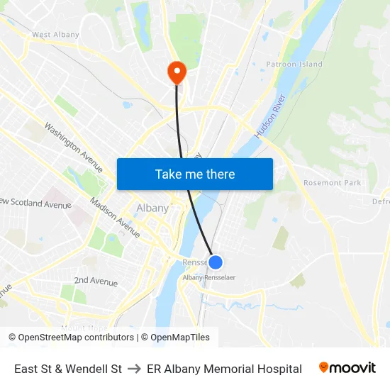 East St & Wendell St to ER Albany Memorial Hospital map