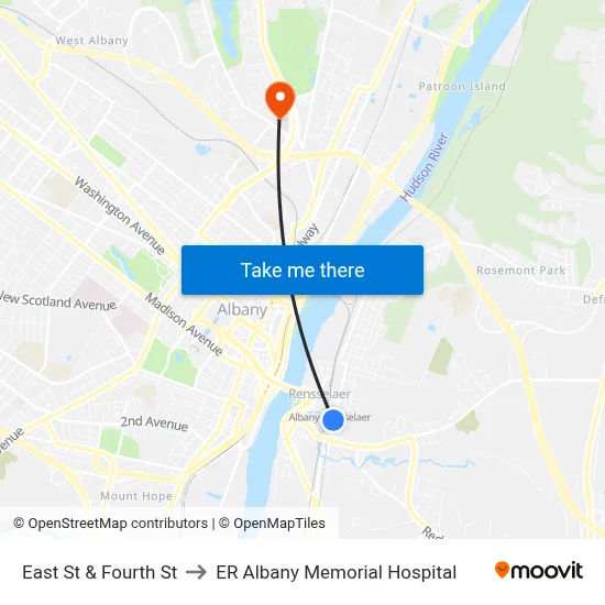 East St & Fourth St to ER Albany Memorial Hospital map