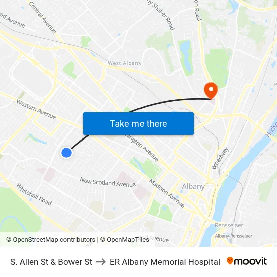 S. Allen St & Bower St to ER Albany Memorial Hospital map