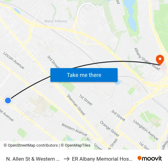 N. Allen St & Western Ave to ER Albany Memorial Hospital map