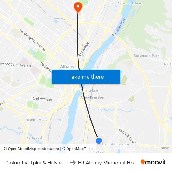Columbia Tpke & Hillview Ave to ER Albany Memorial Hospital map