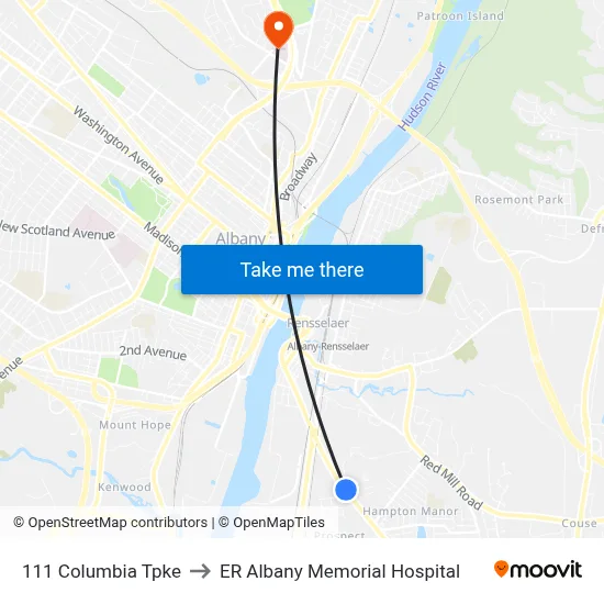 111 Columbia Tpke to ER Albany Memorial Hospital map