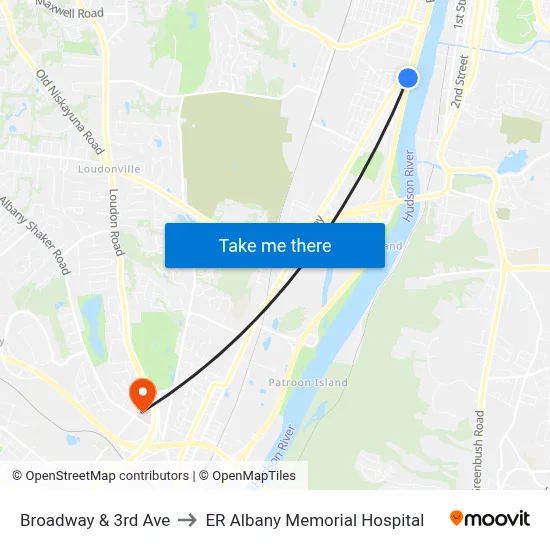 Broadway & 3rd Ave to ER Albany Memorial Hospital map