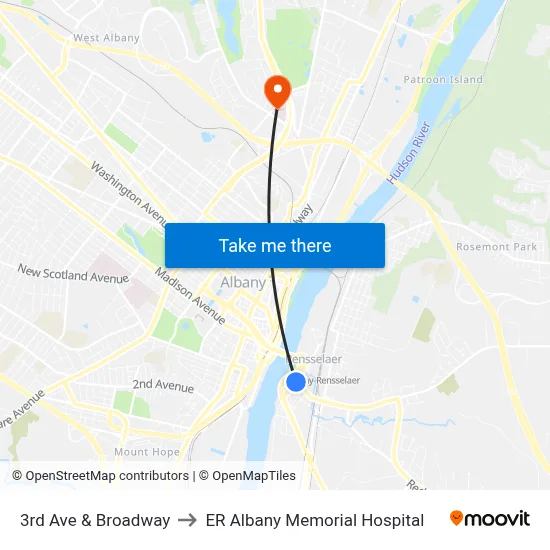 3rd Ave & Broadway to ER Albany Memorial Hospital map