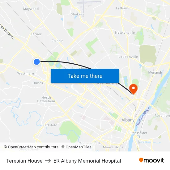 Teresian House to ER Albany Memorial Hospital map
