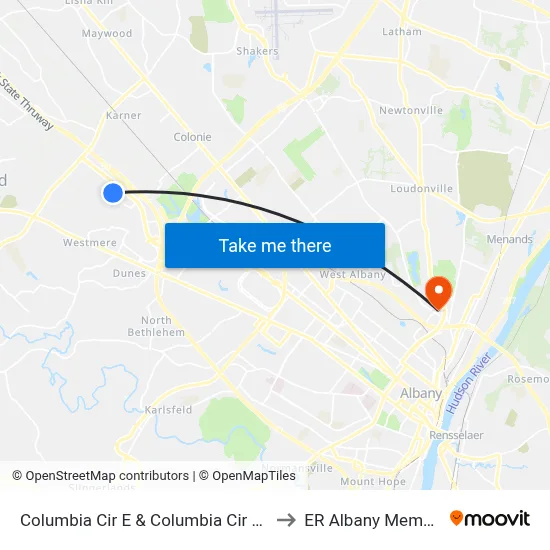 Columbia Cir E & Columbia Cir W-Pine Bush Preserve to ER Albany Memorial Hospital map