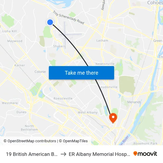 19 British American Blvd to ER Albany Memorial Hospital map
