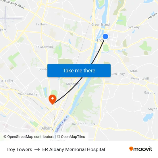 Troy Towers to ER Albany Memorial Hospital map