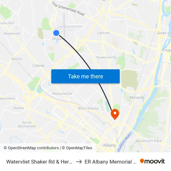 Watervliet Shaker Rd & Heritage Lane to ER Albany Memorial Hospital map
