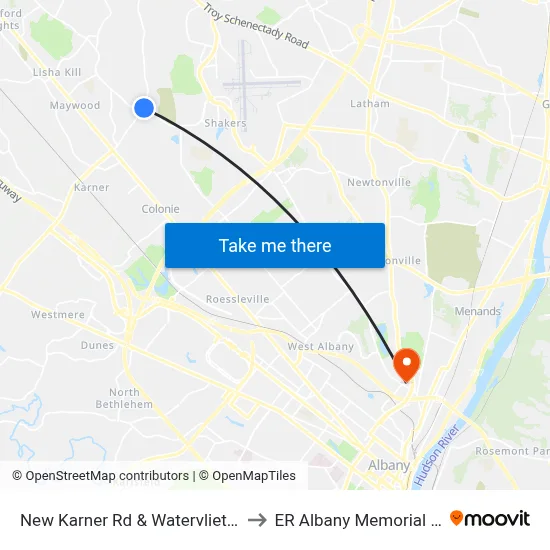 New Karner Rd & Watervliet Shaker Rd to ER Albany Memorial Hospital map