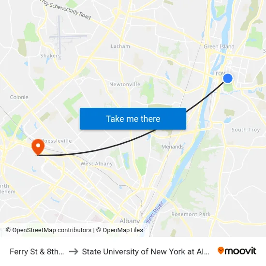 Ferry St & 8th St to State University of New York at Albany map